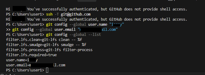 Git identity configured in the terminal